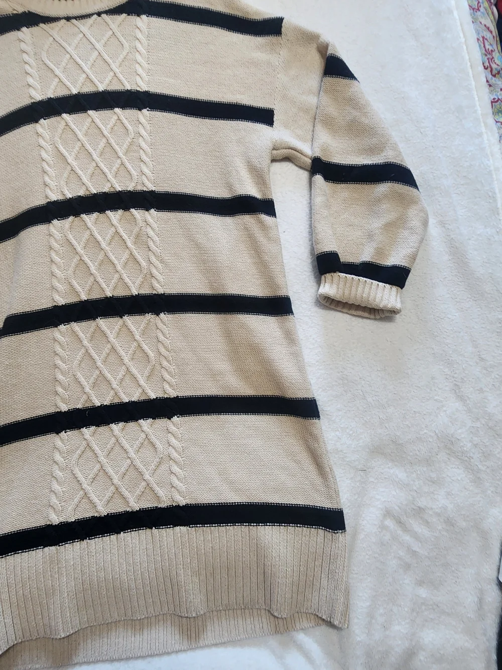 New York & Company Striped Turtleneck Cable Knit Sweater Dress Beige Large